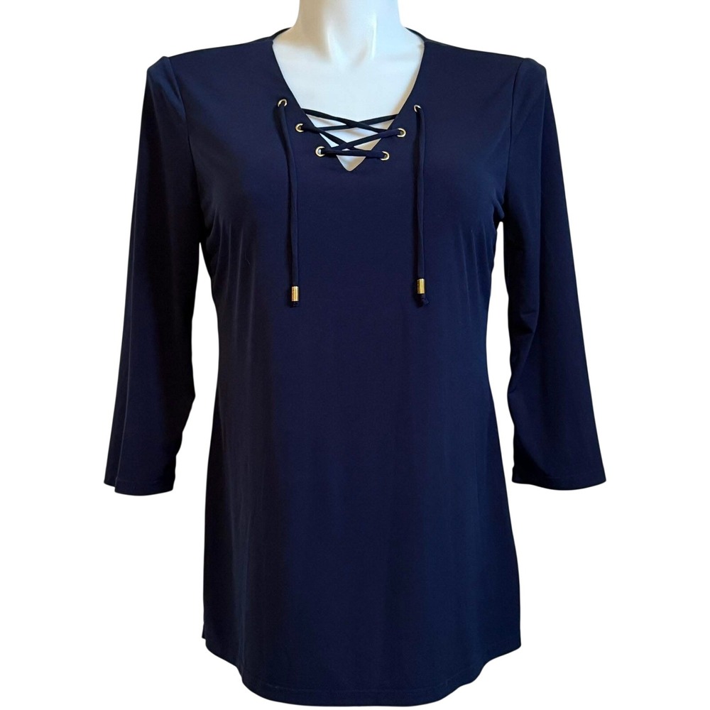 Ellen Tracy Navy Blue Lace Up Grommet V-Neck Tunic Top 3/4 Sleeve Size Large